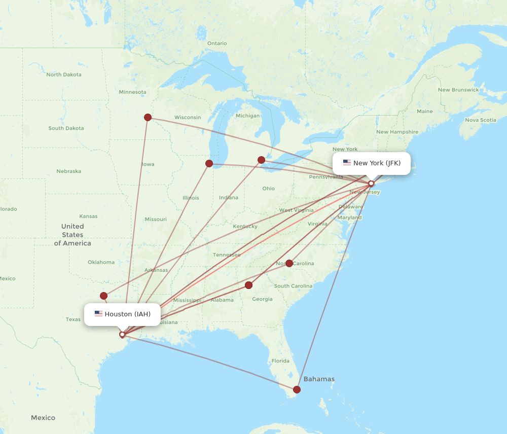 JFK to IAH flights and routes map