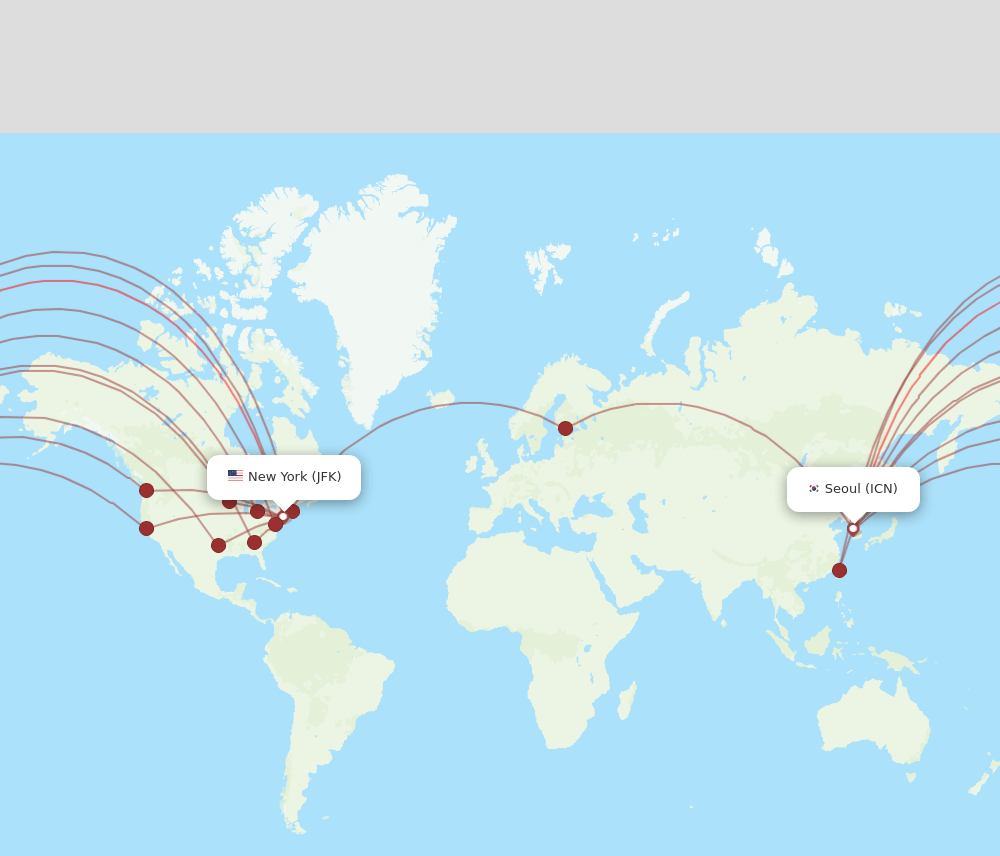 All flight routes from New York to Seoul, JFK to ICN Flight Routes