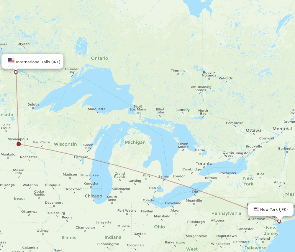 JFK-INL flight routes