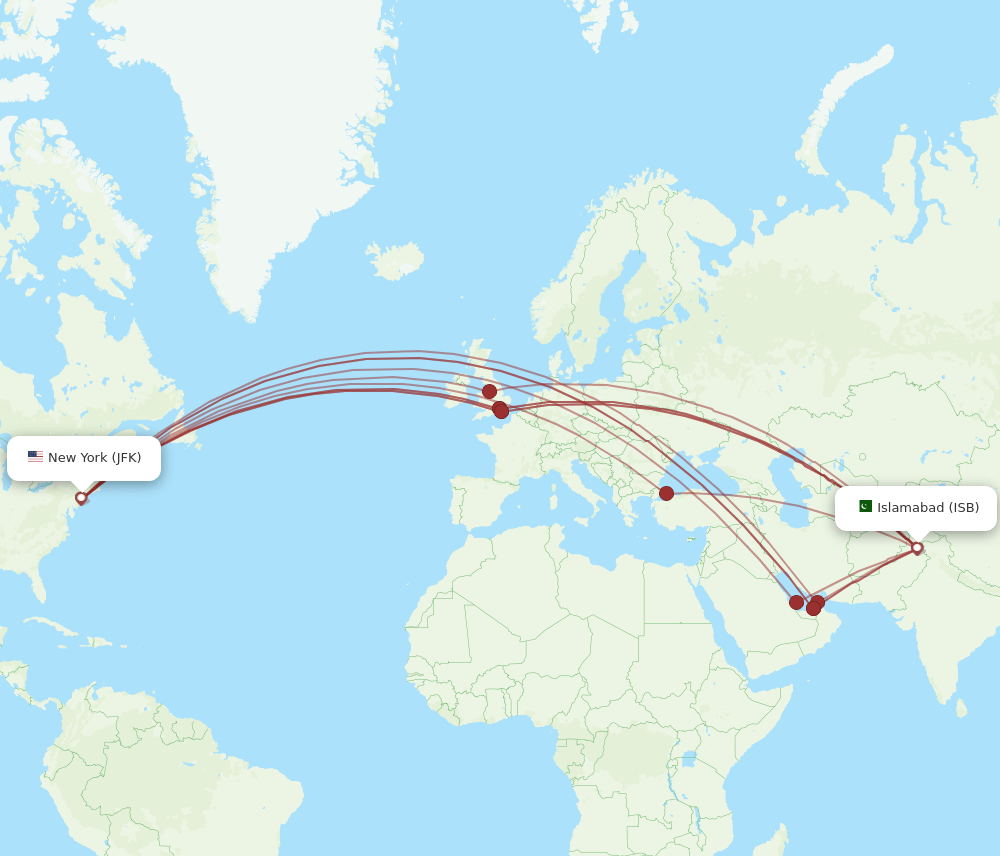 JFK to ISB flights and routes map