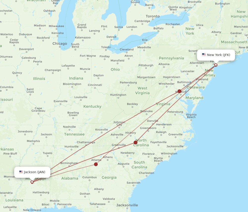 JFK to JAN flights and routes map
