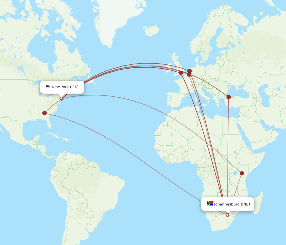 JFK to JNB flights and routes map