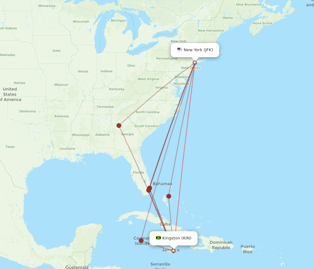 JFK to KIN flights and routes map