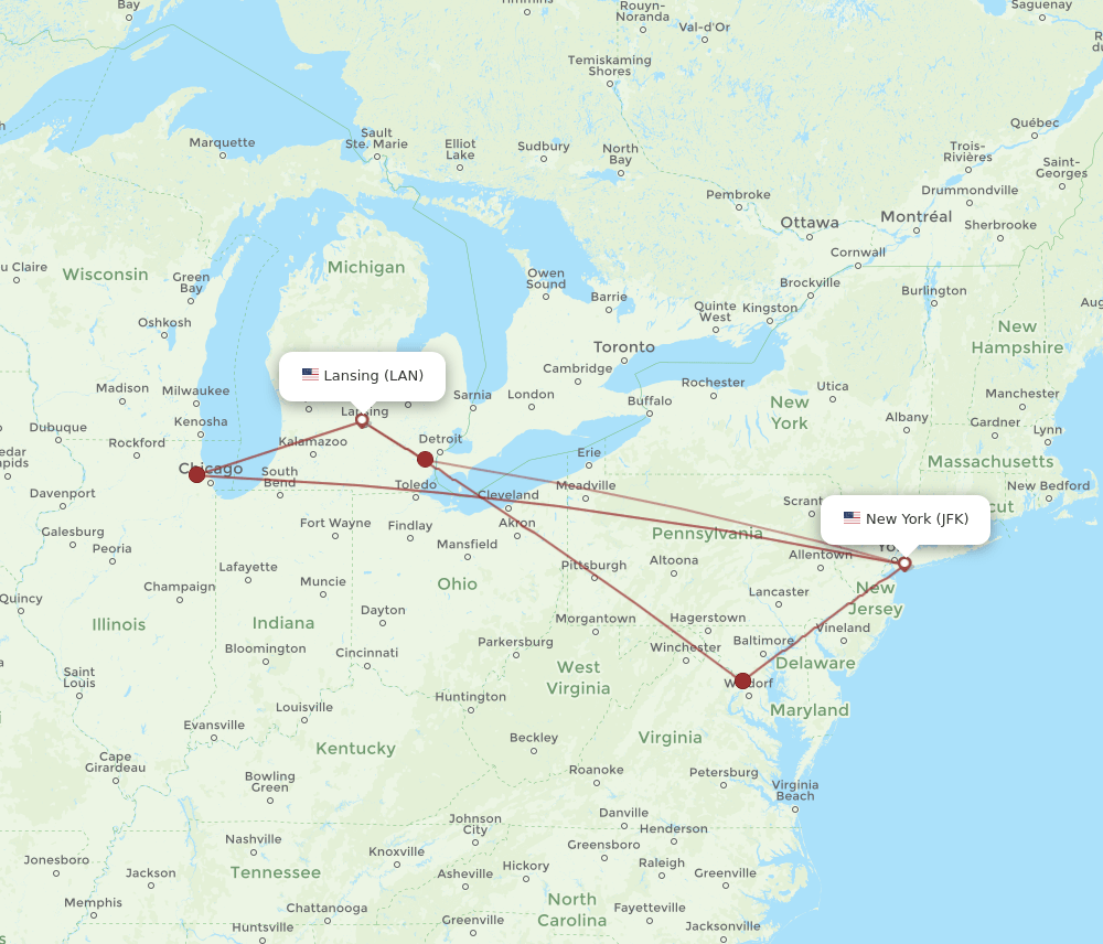 JFK-LAN flight routes
