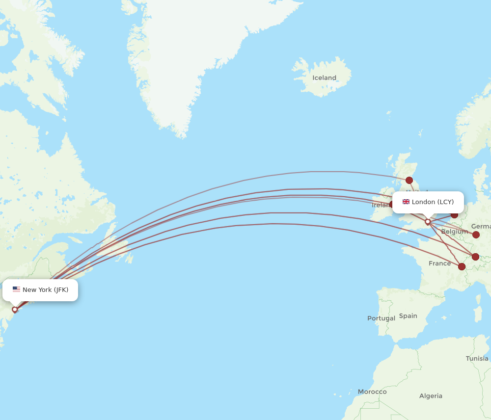 JFK to LCY flights and routes map