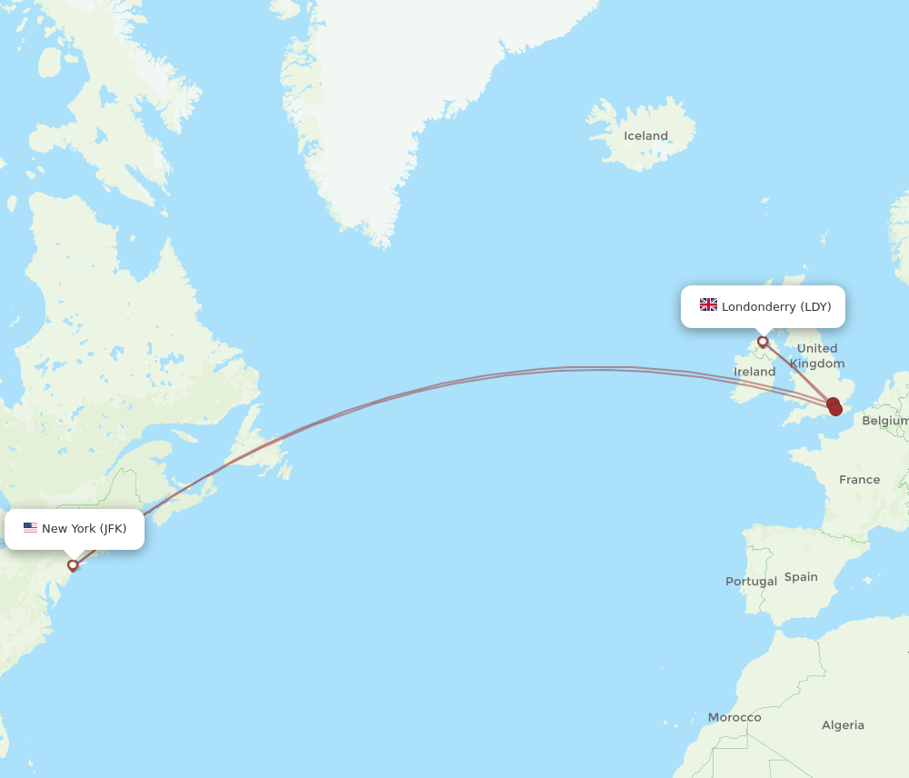 JFK to LDY flights and routes map
