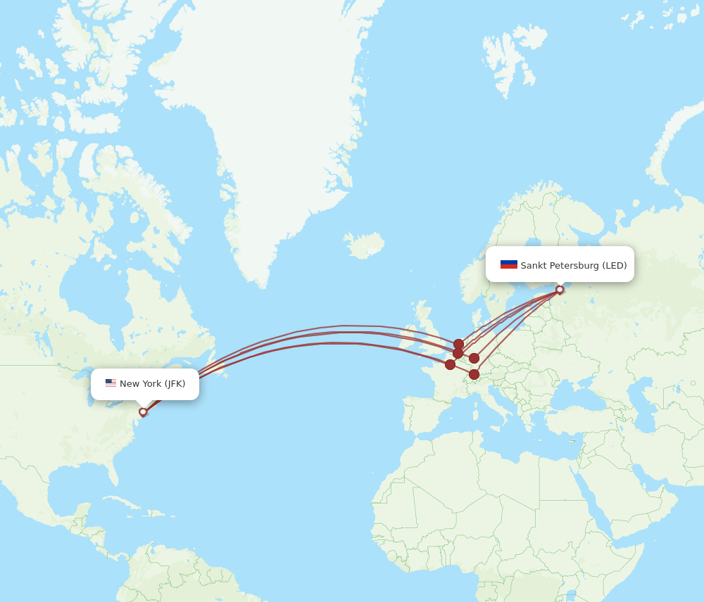 New York - Saint Petersburg route map and flight paths