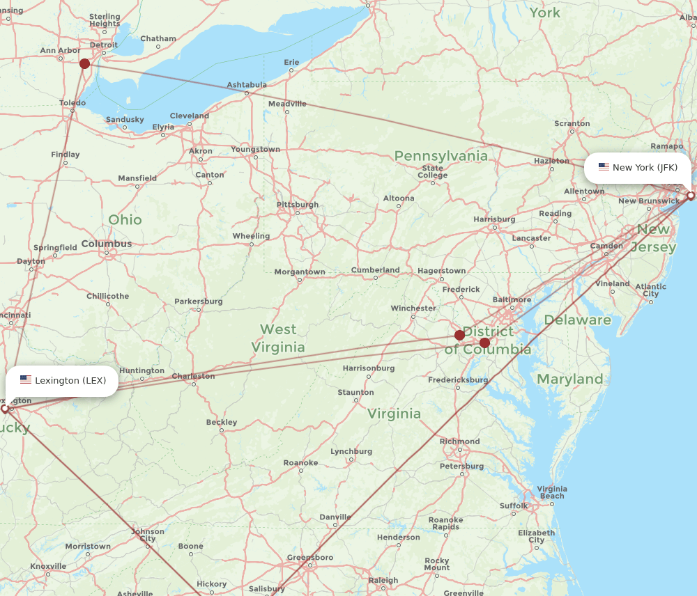 JFK-LEX flight routes
