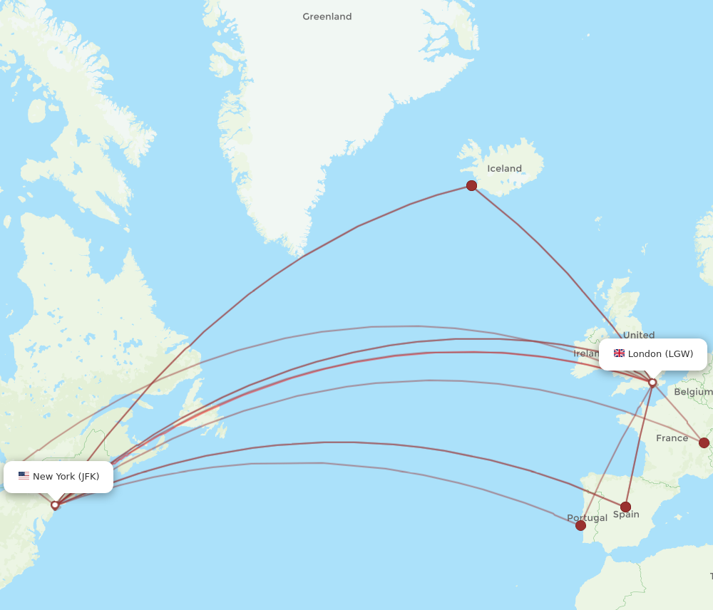 JFK to LGW flights and routes map