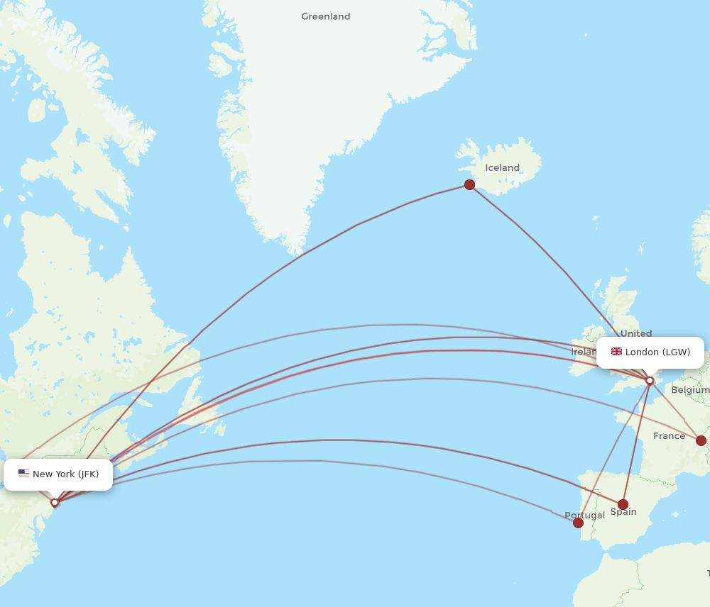 JFK to LGW flights and routes map