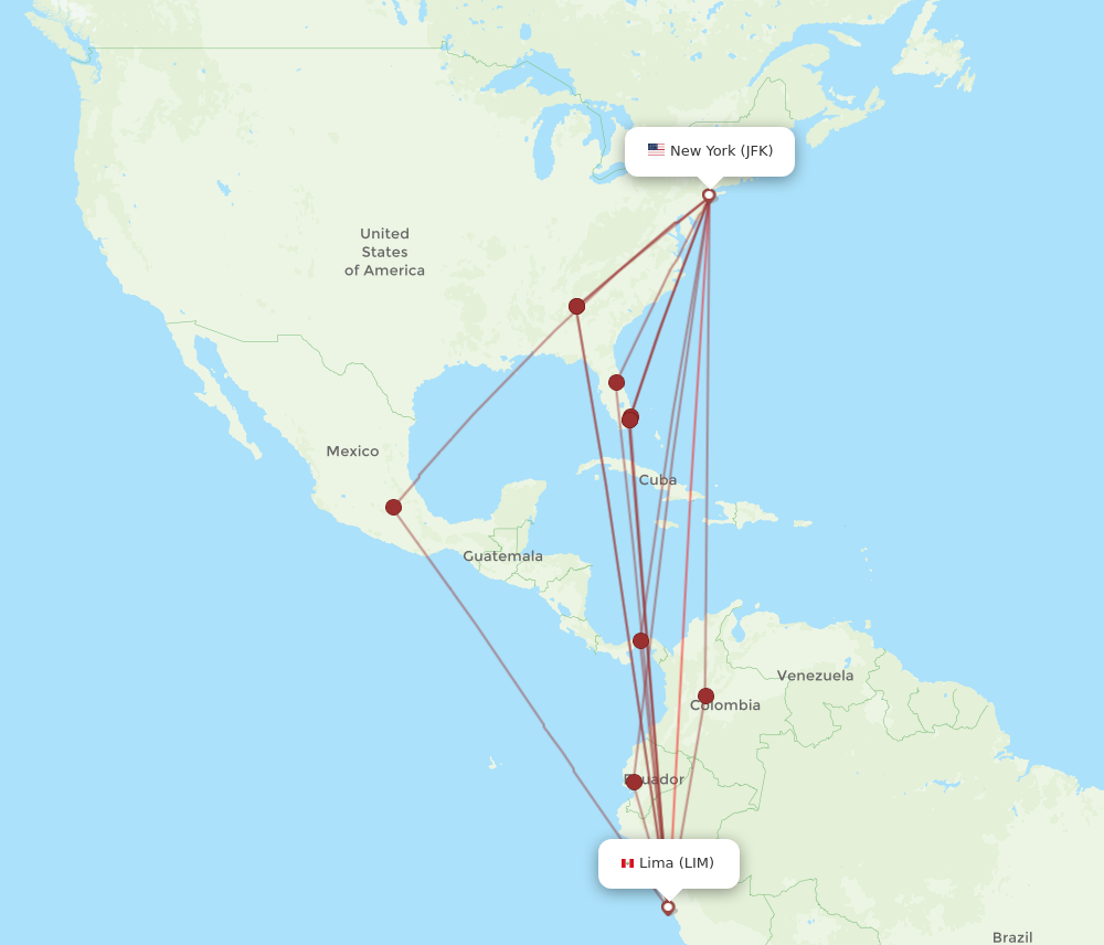 JFK to LIM flights and routes map