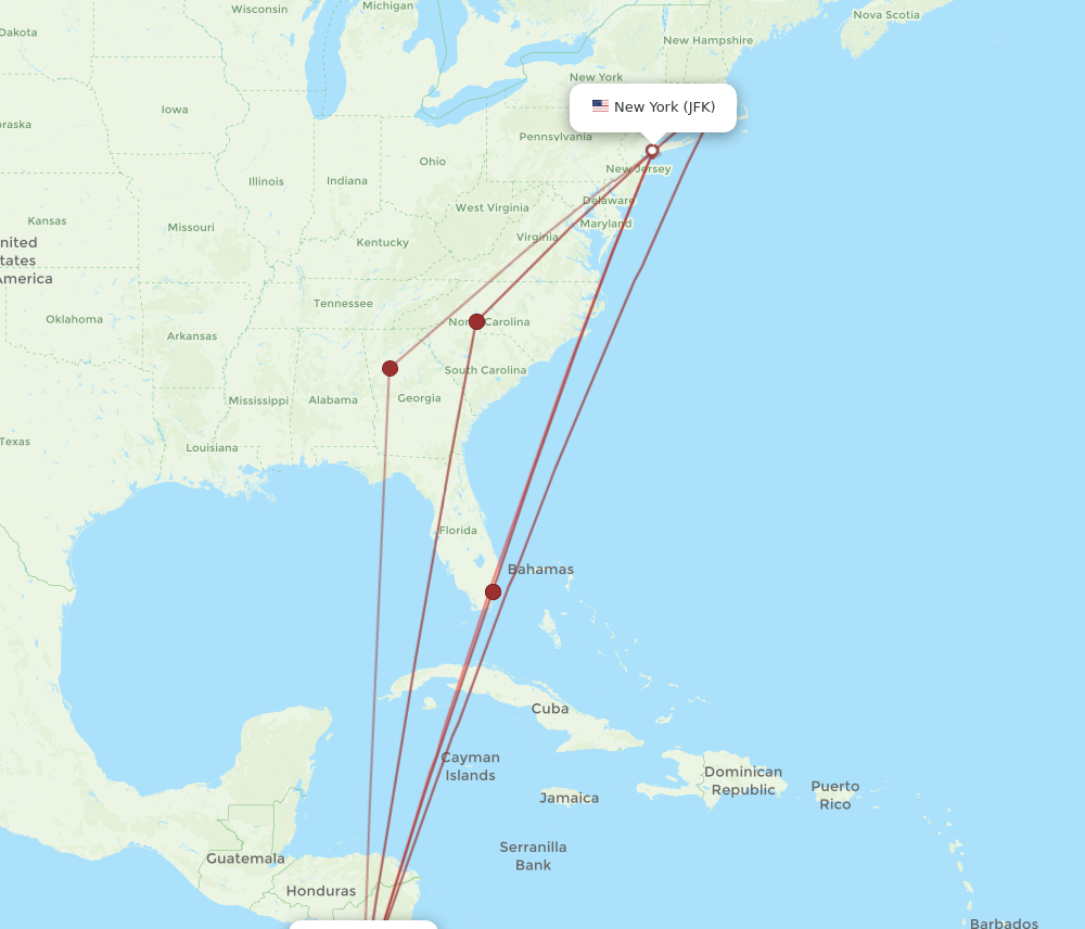 JFK to LIR flights and routes map