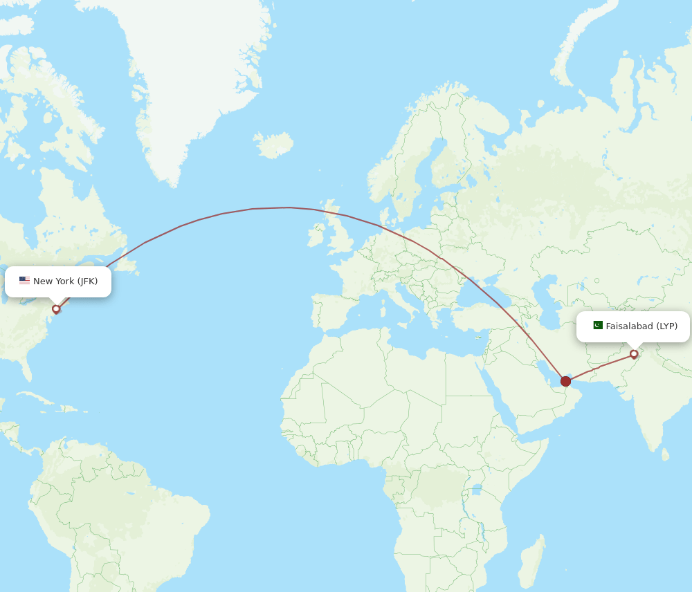 Faisalabad - New York route map and flight paths