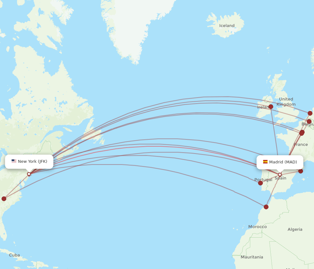 JFK-MAD flight routes