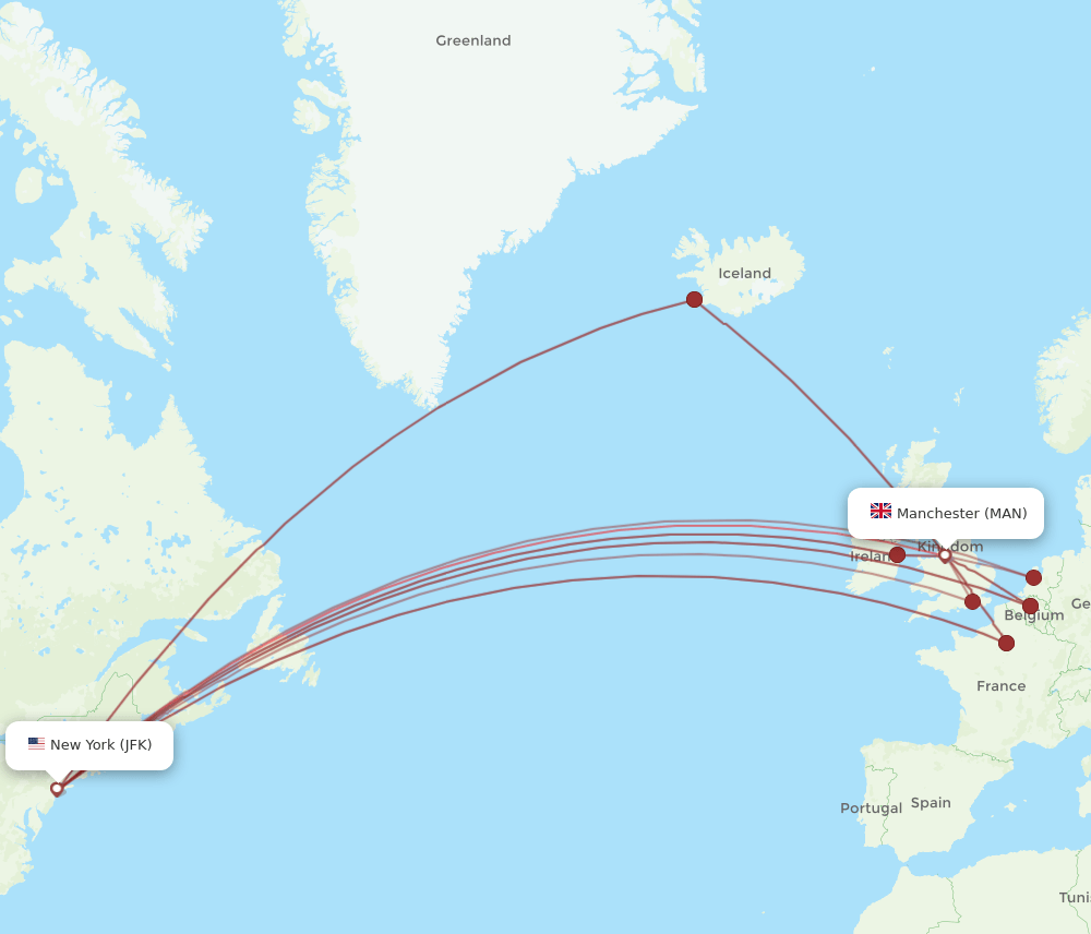 JFK to MAN flights and routes map