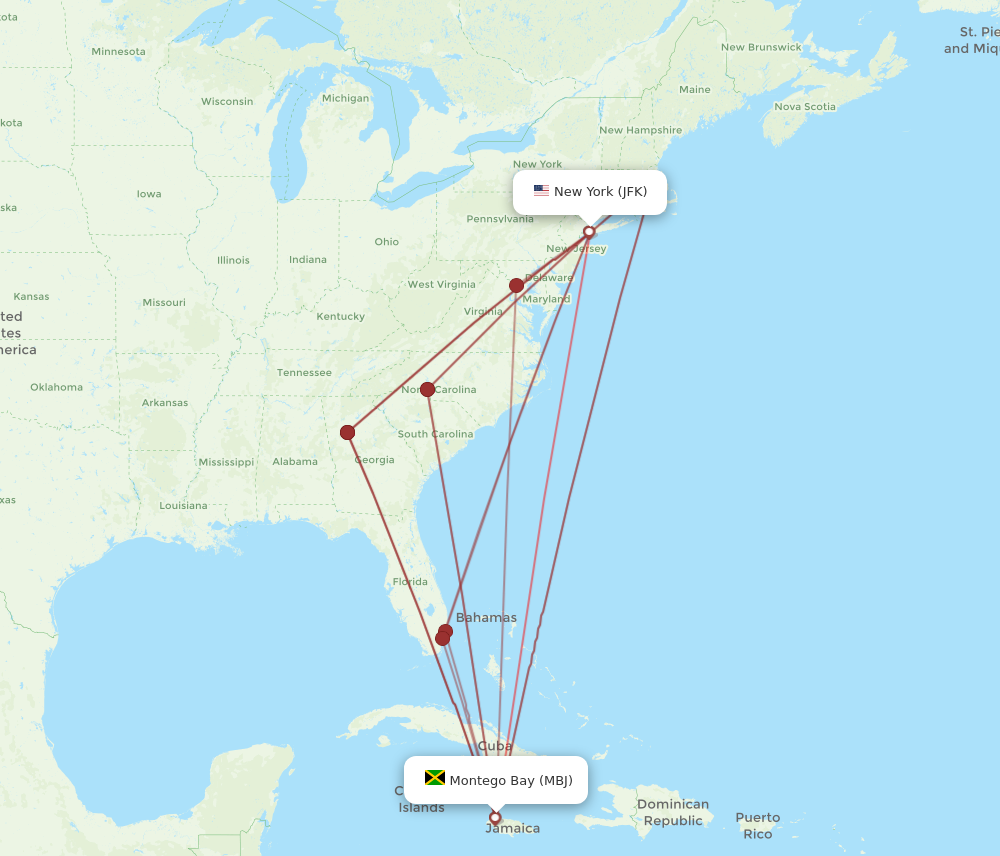 JFK to MBJ flights and routes map