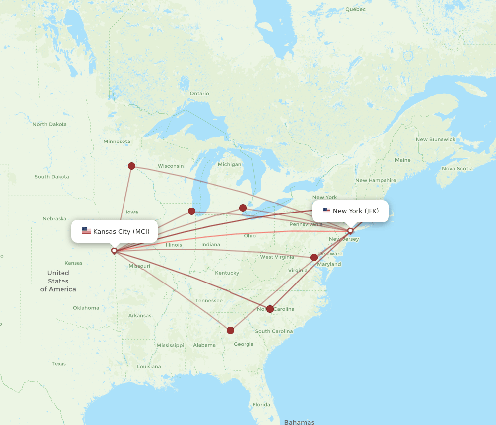 JFK-MCI flight routes