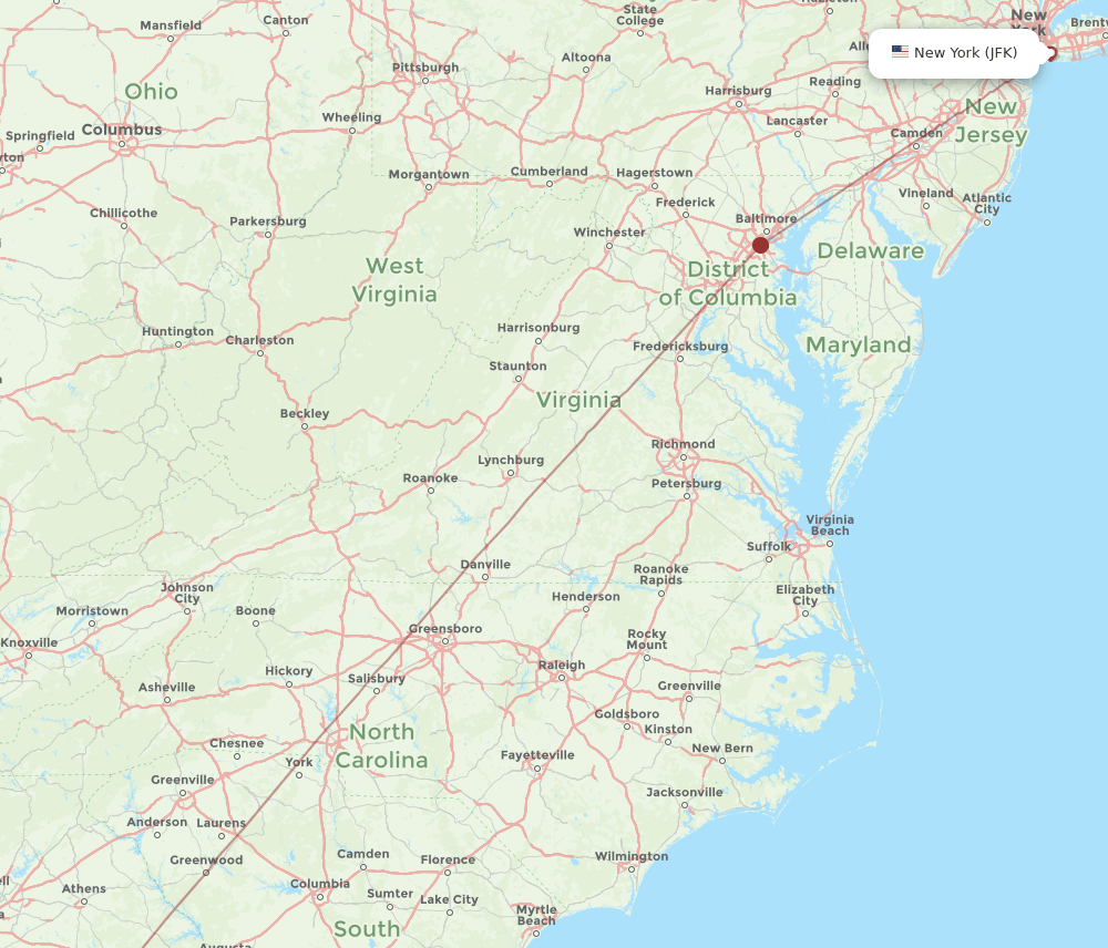 New York - Macon route map and flight paths