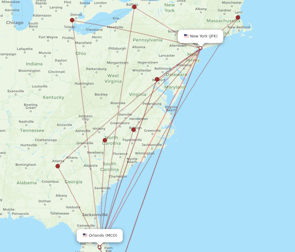 JFK to MCO flights and routes map