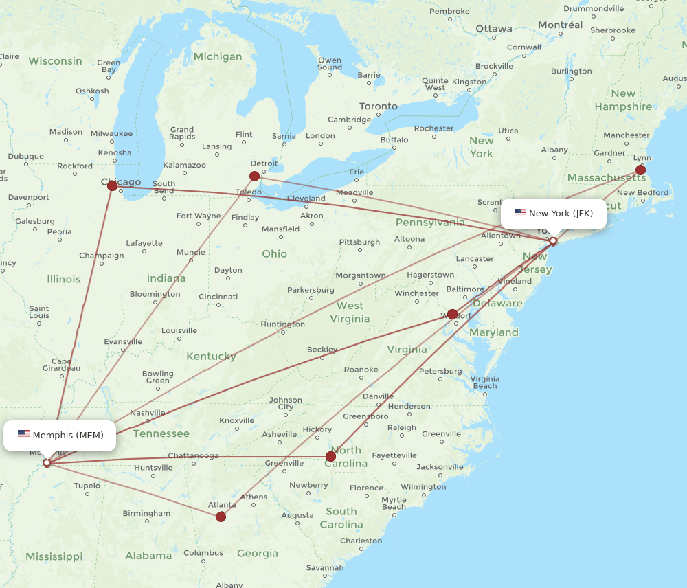 JFK-MEM flight routes