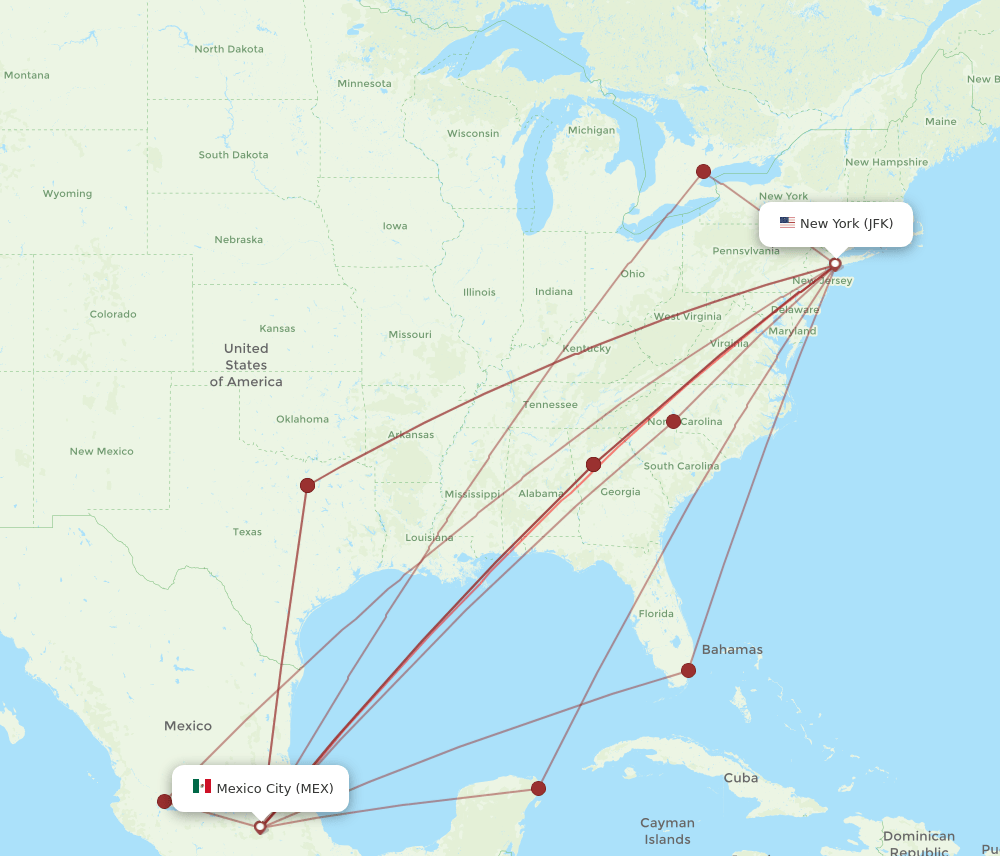 JFK to MEX flights and routes map