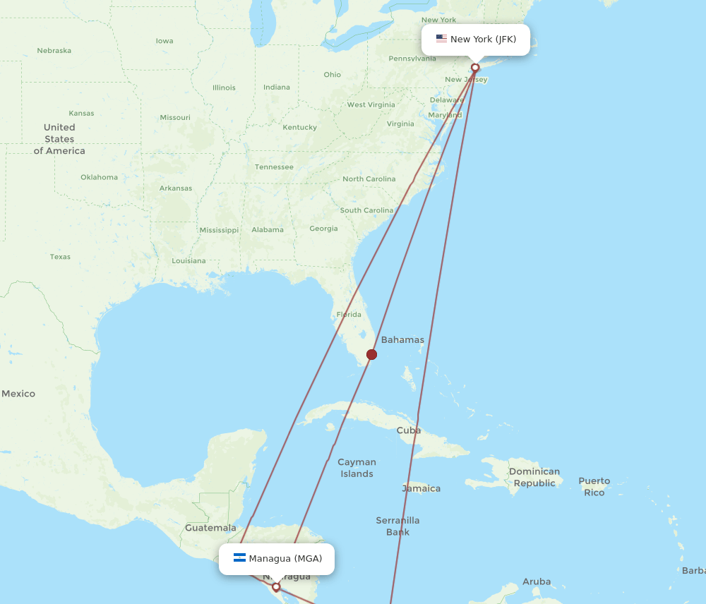 JFK to MGA flights and routes map
