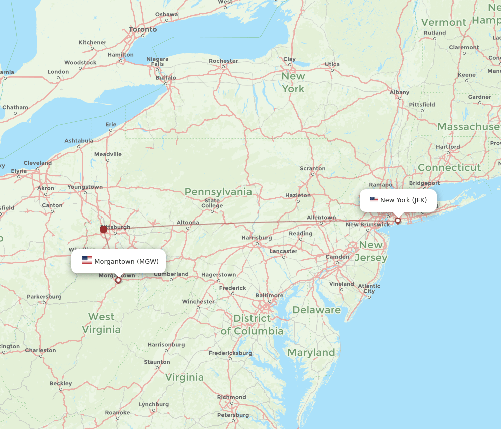 New York - Morgantown route map and flight paths