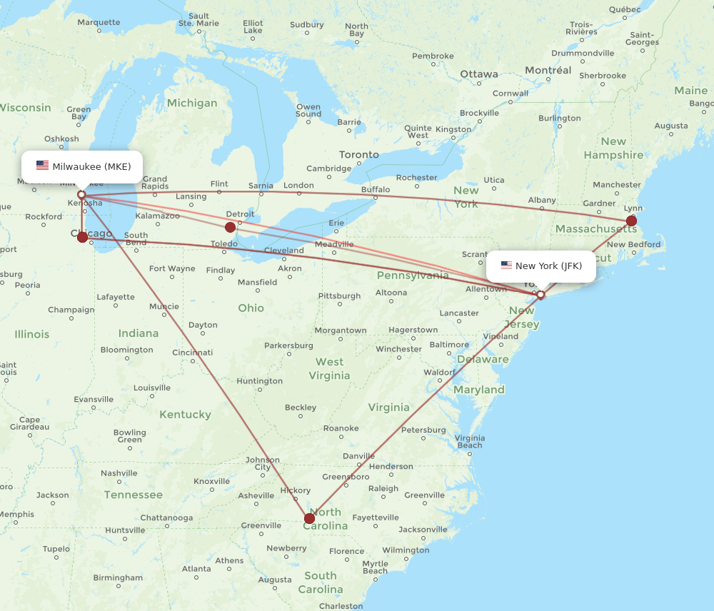 JFK to MKE flights and routes map