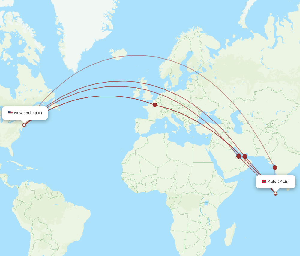 JFK to MLE flights and routes map