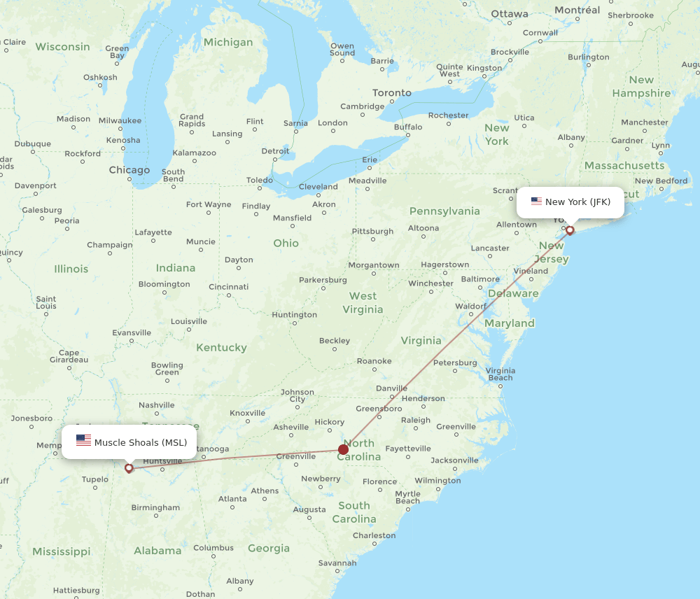 JFK to MSL flights and routes map
