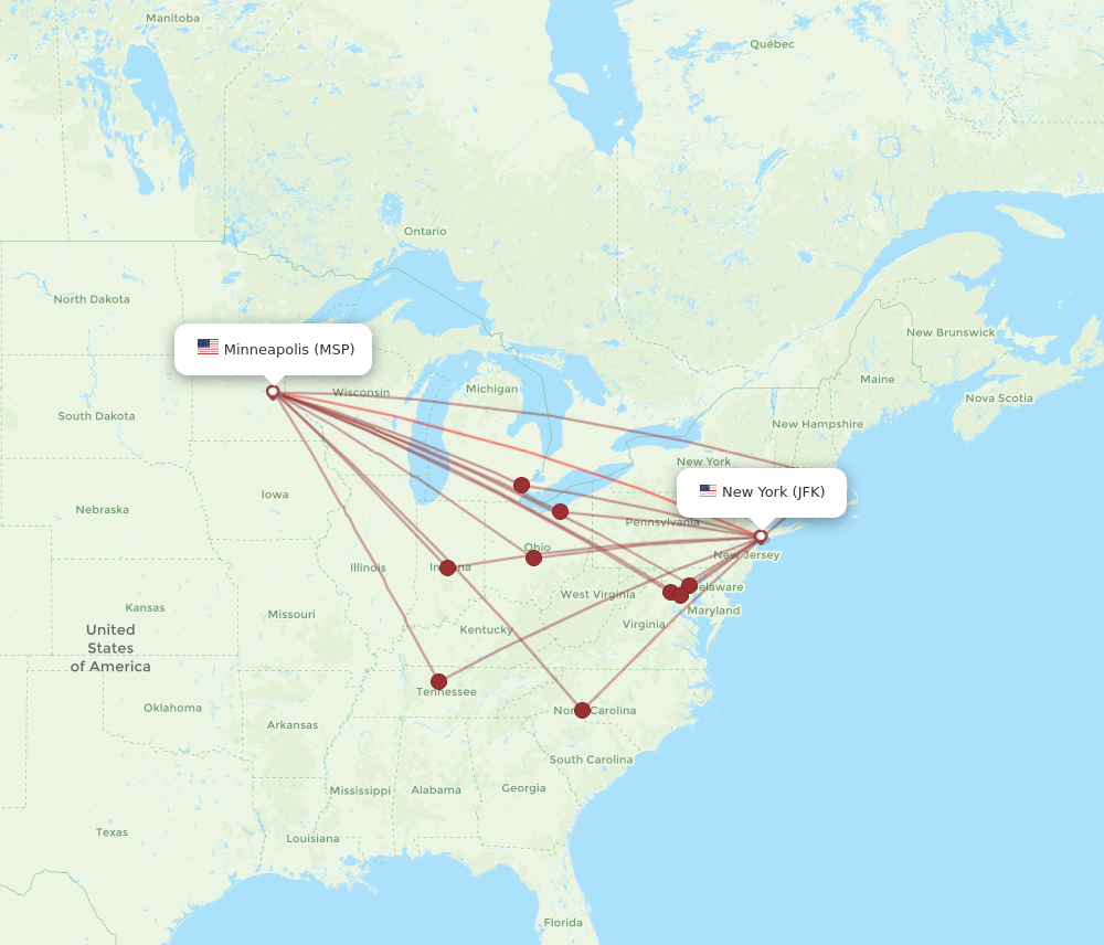 JFK to MSP flights and routes map
