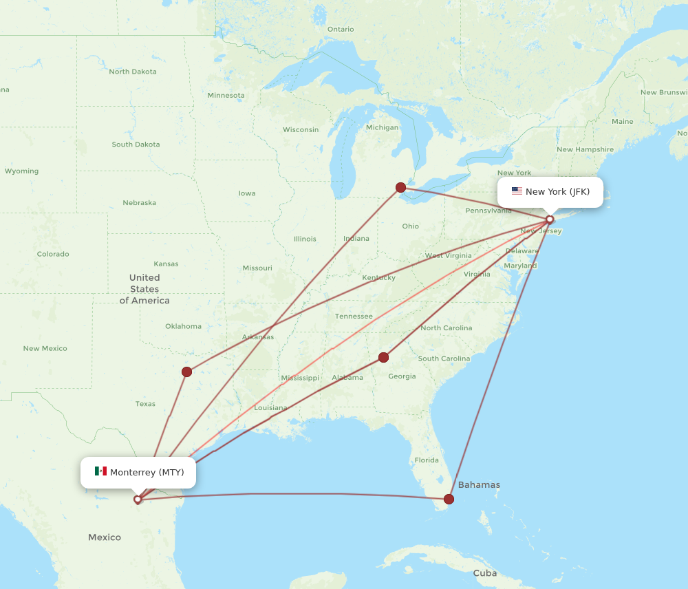 JFK to MTY flights and routes map