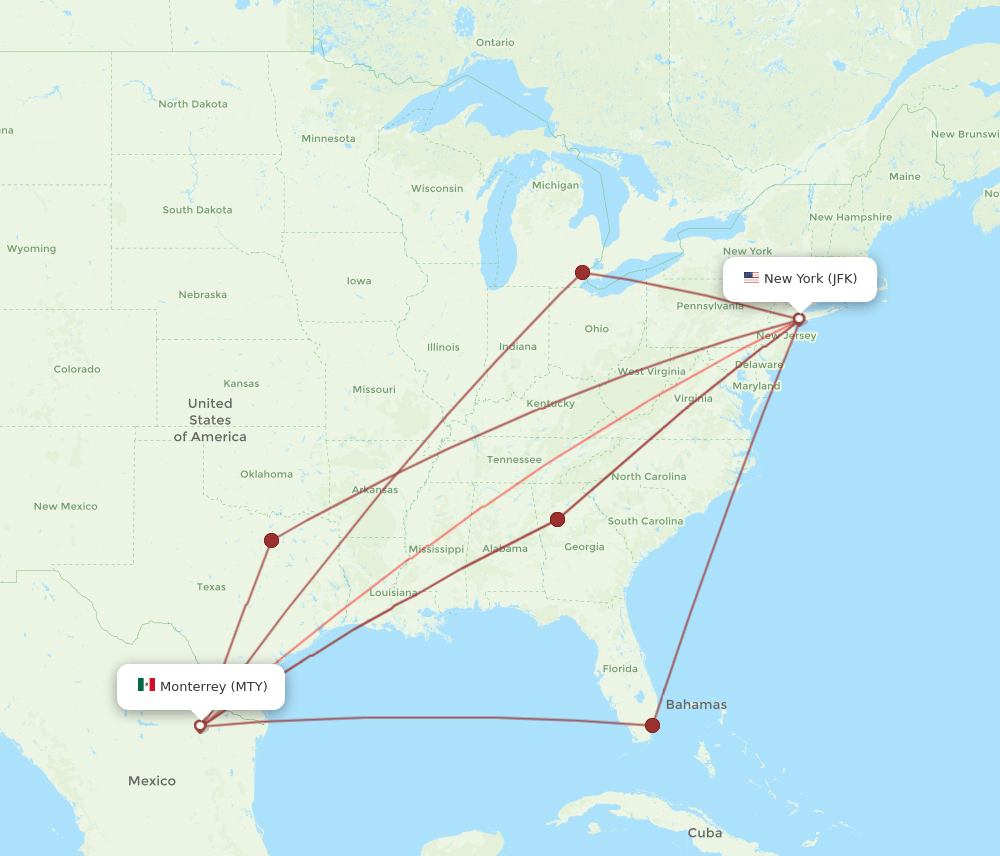 JFK to MTY flights and routes map