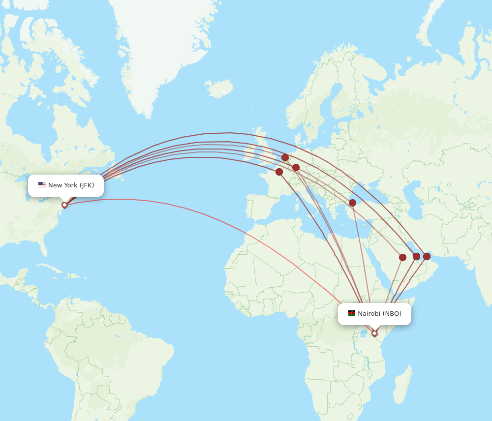 JFK to NBO flights and routes map