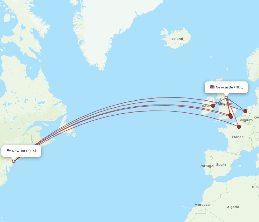 JFK to NCL flights and routes map