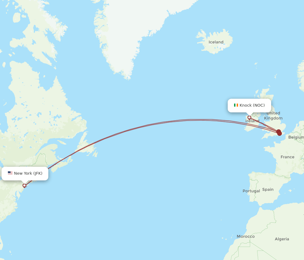 JFK to NOC flights and routes map