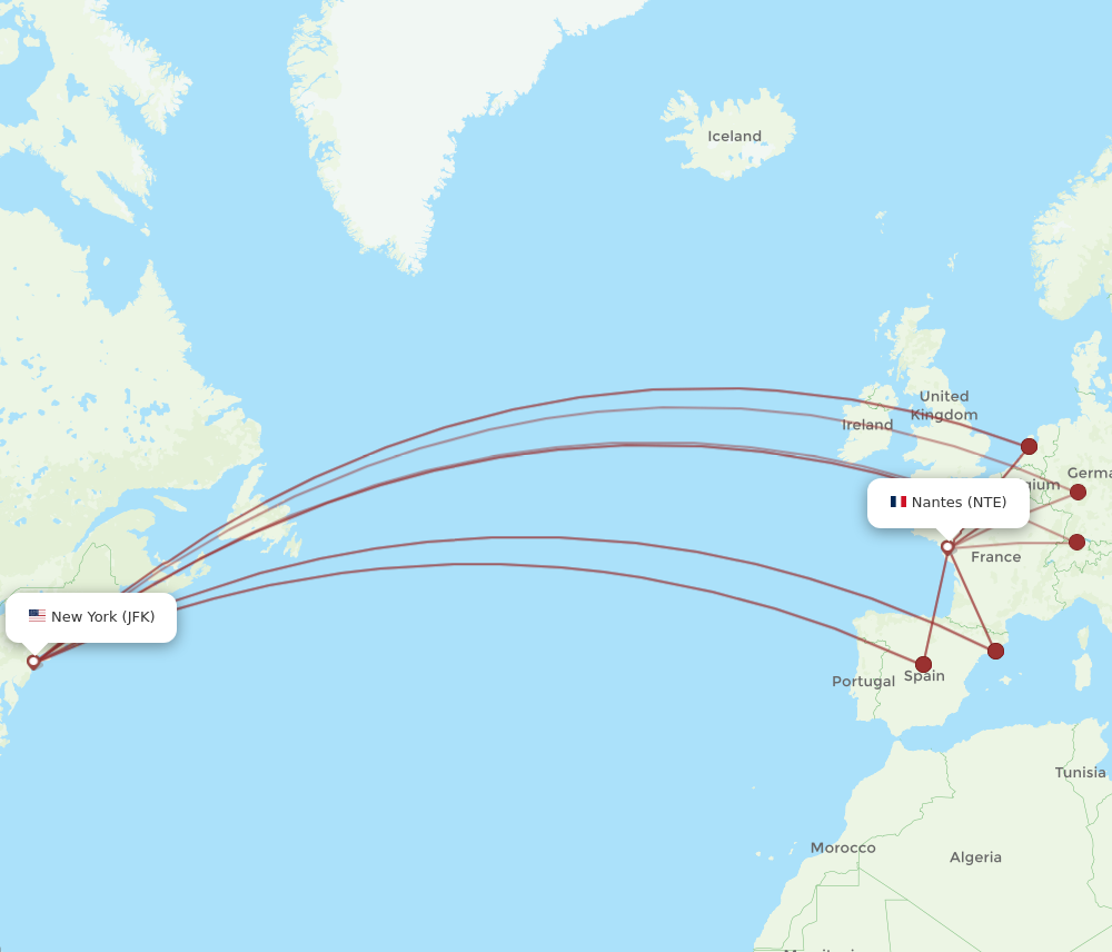 JFK to NTE flights and routes map