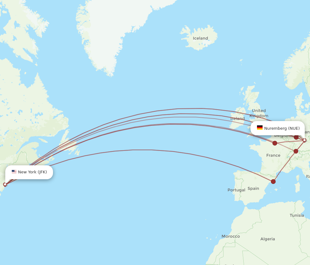 JFK to NUE flights and routes map