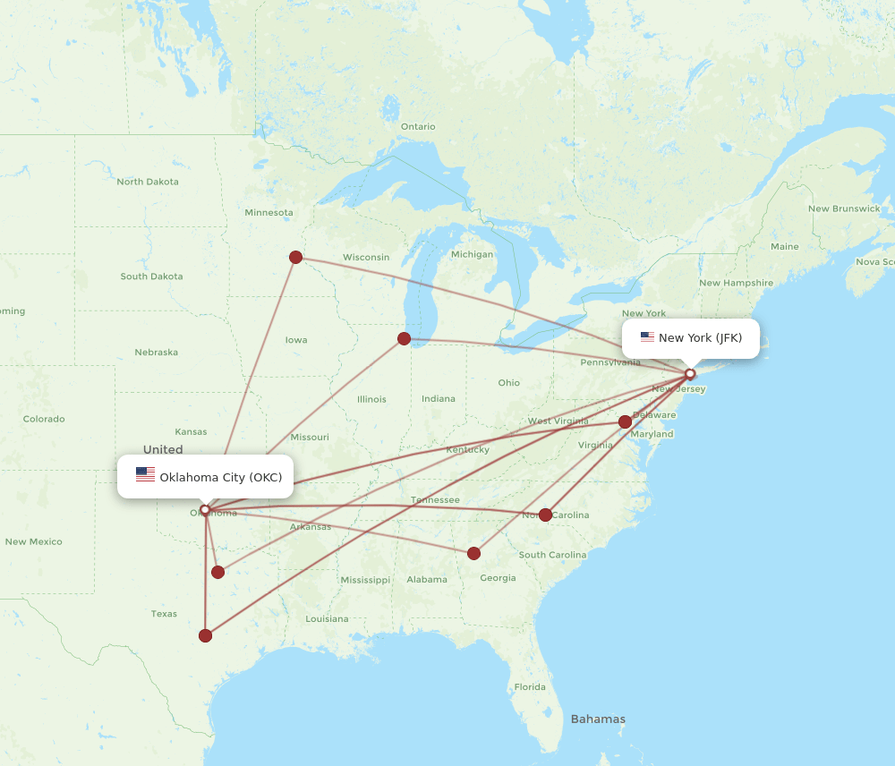 JFK to OKC flights and routes map
