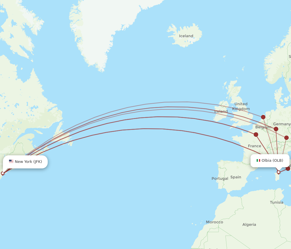 JFK to OLB flights and routes map