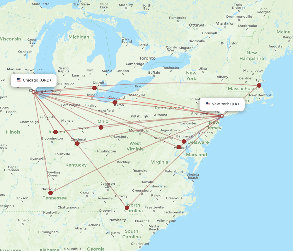 JFK to ORD flights and routes map