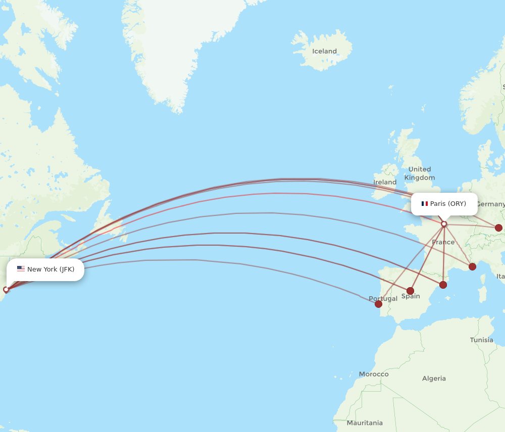 JFK to ORY flights and routes map