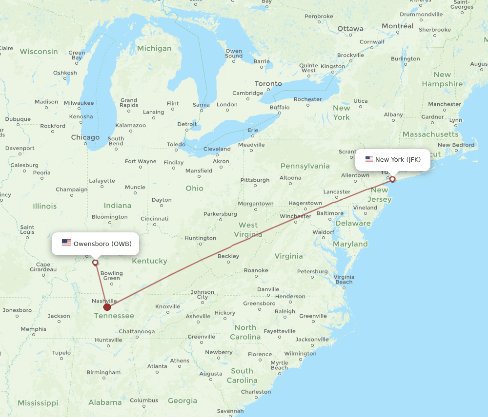 JFK to OWB flights and routes map
