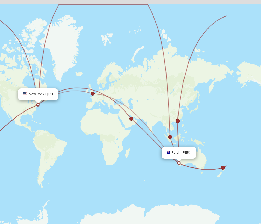 JFK to PER flights and routes map