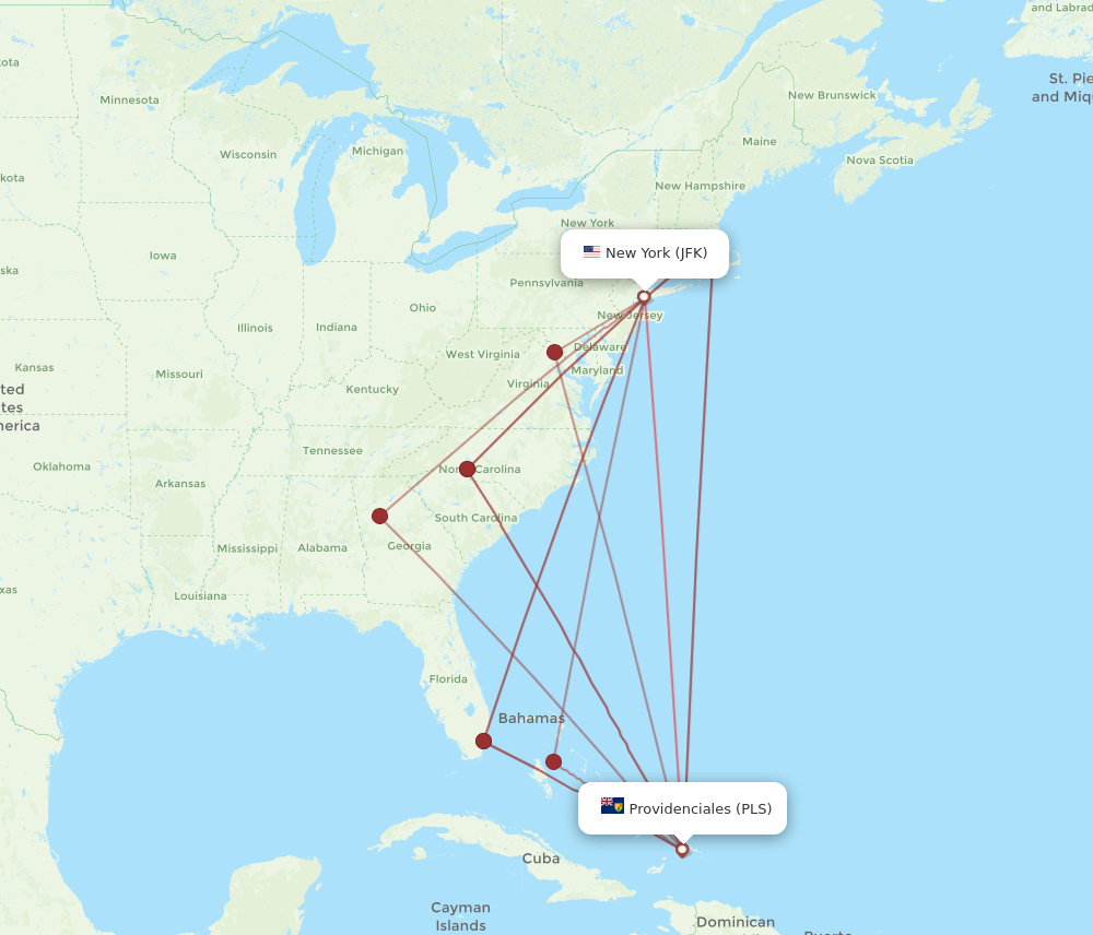JFK to PLS flights and routes map