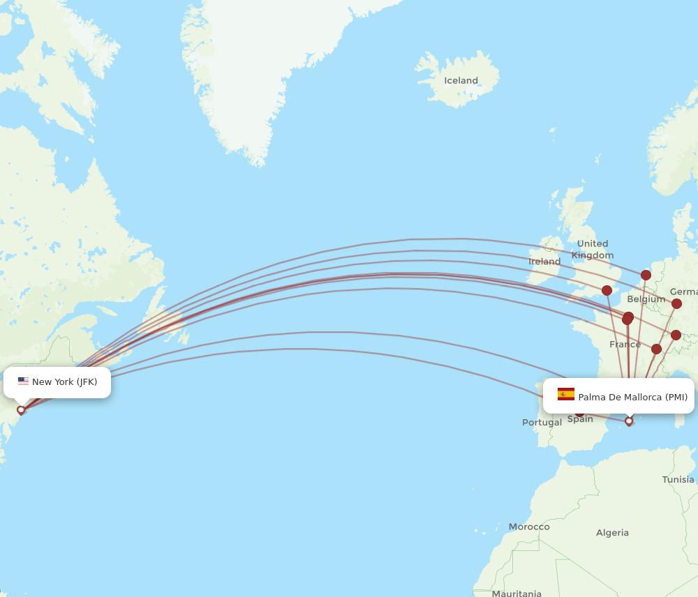 JFK to PMI flights and routes map