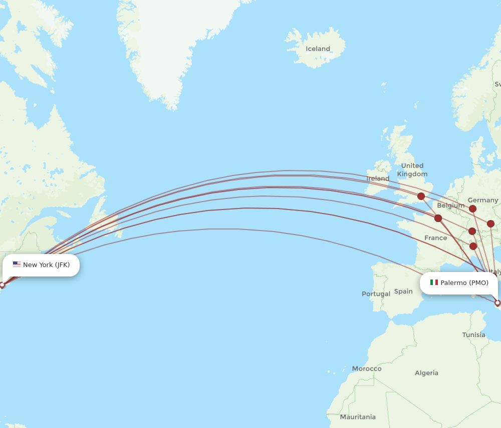 JFK to PMO flights and routes map