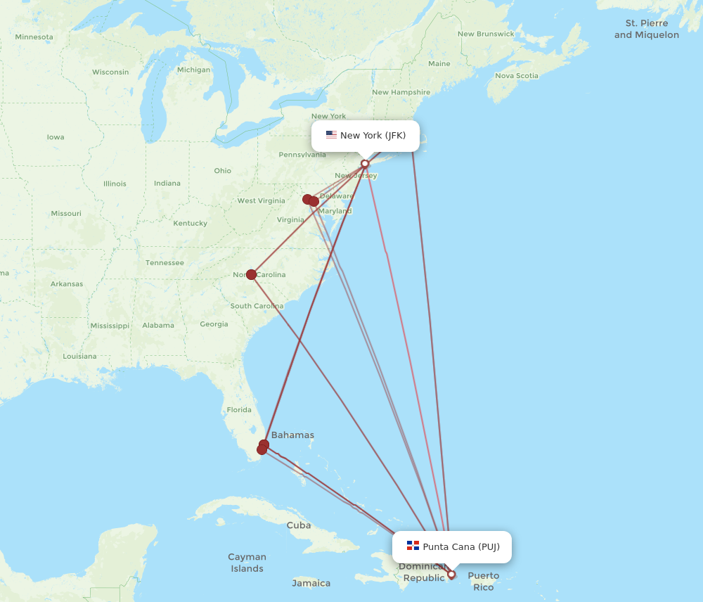 JFK to PUJ flights and routes map