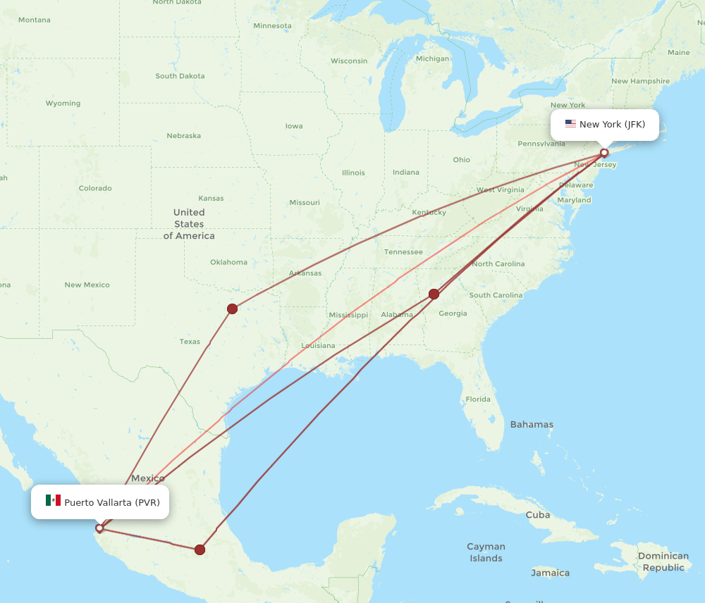 JFK to PVR flights and routes map