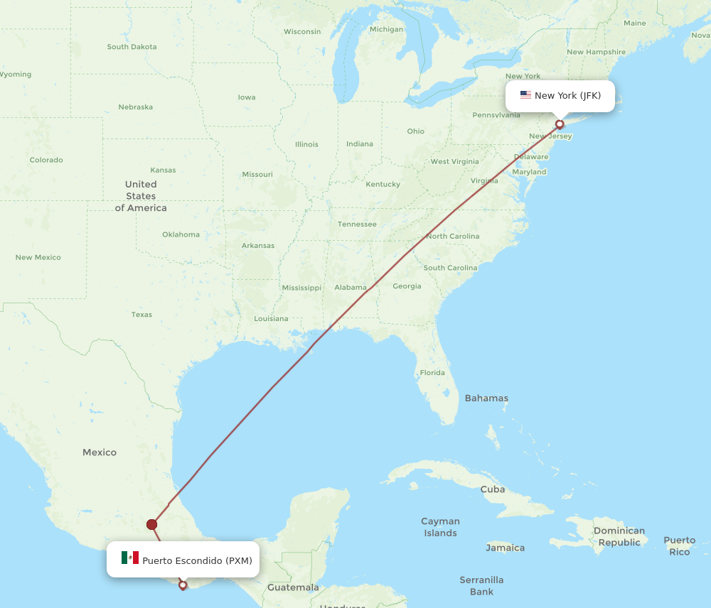 JFK to PXM flights and routes map
